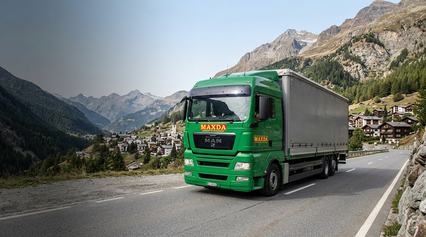Zwei Lastwagen mit Verdeck für Warentransporte im Wallis